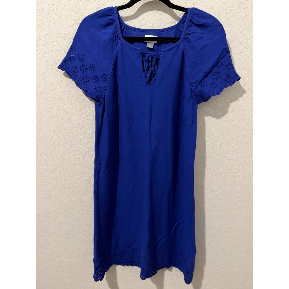 Old Navy Womens Blue Eyelet Lace Trim Linen Blend Shift Dress Size M Boho
